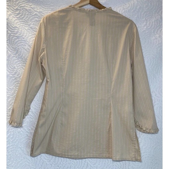 BCBG MaxAzria Womens Blouse Top Tan Stripes Ruffle Sleeve Edge Shirt Size 10 - Picture 12 of 13